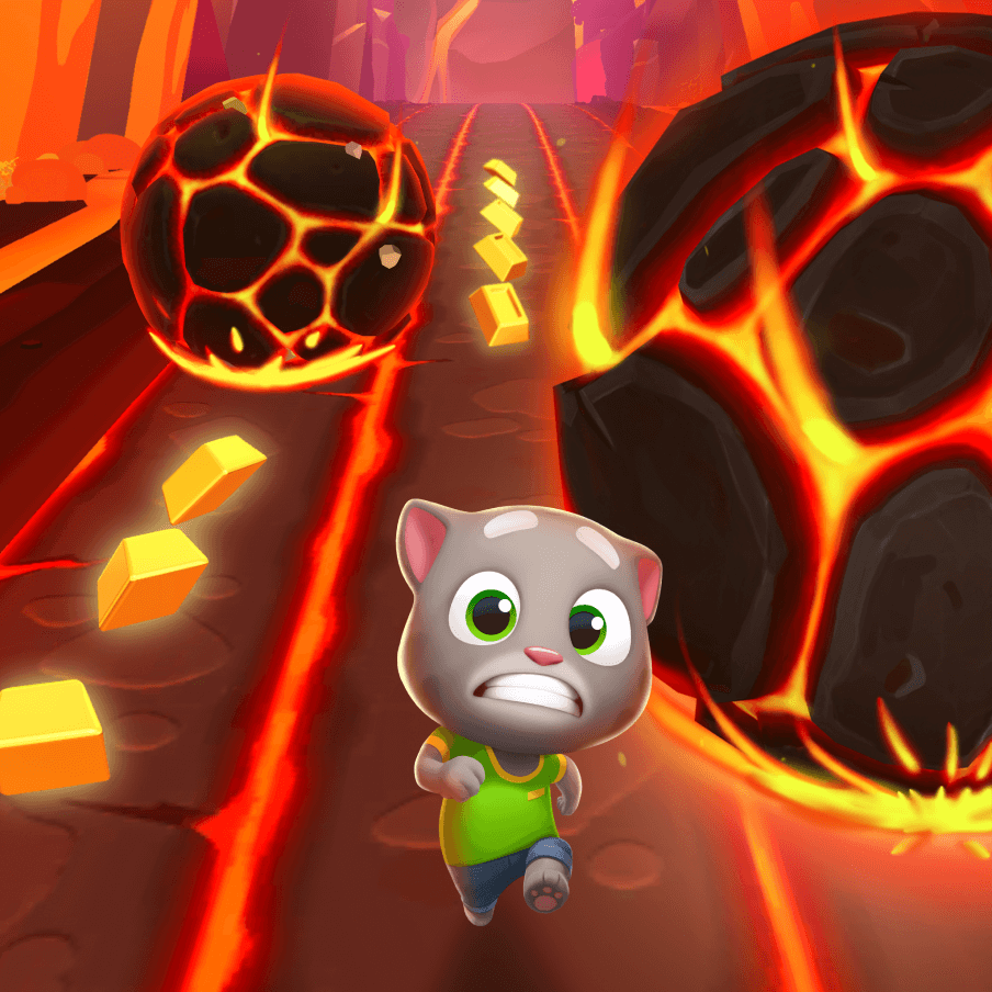 Talking Tom running from two magma boulders chasing him in Talking Tom Time Rush game.