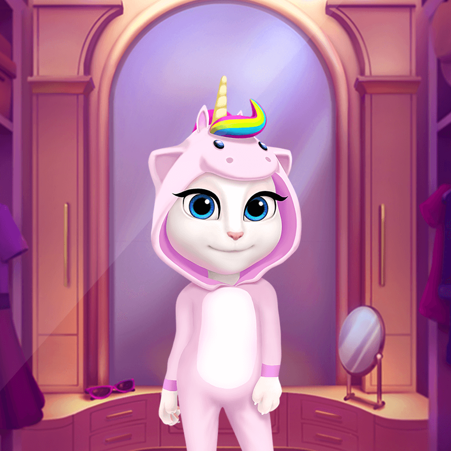 Talking Angela in a unicorn costume in My Talking Angela game.