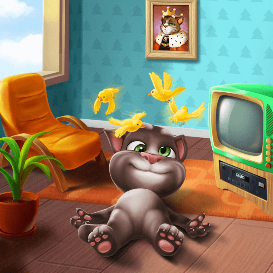 Talking Tom lying on the floor with birds spinning over his head in My Talking Tom game.