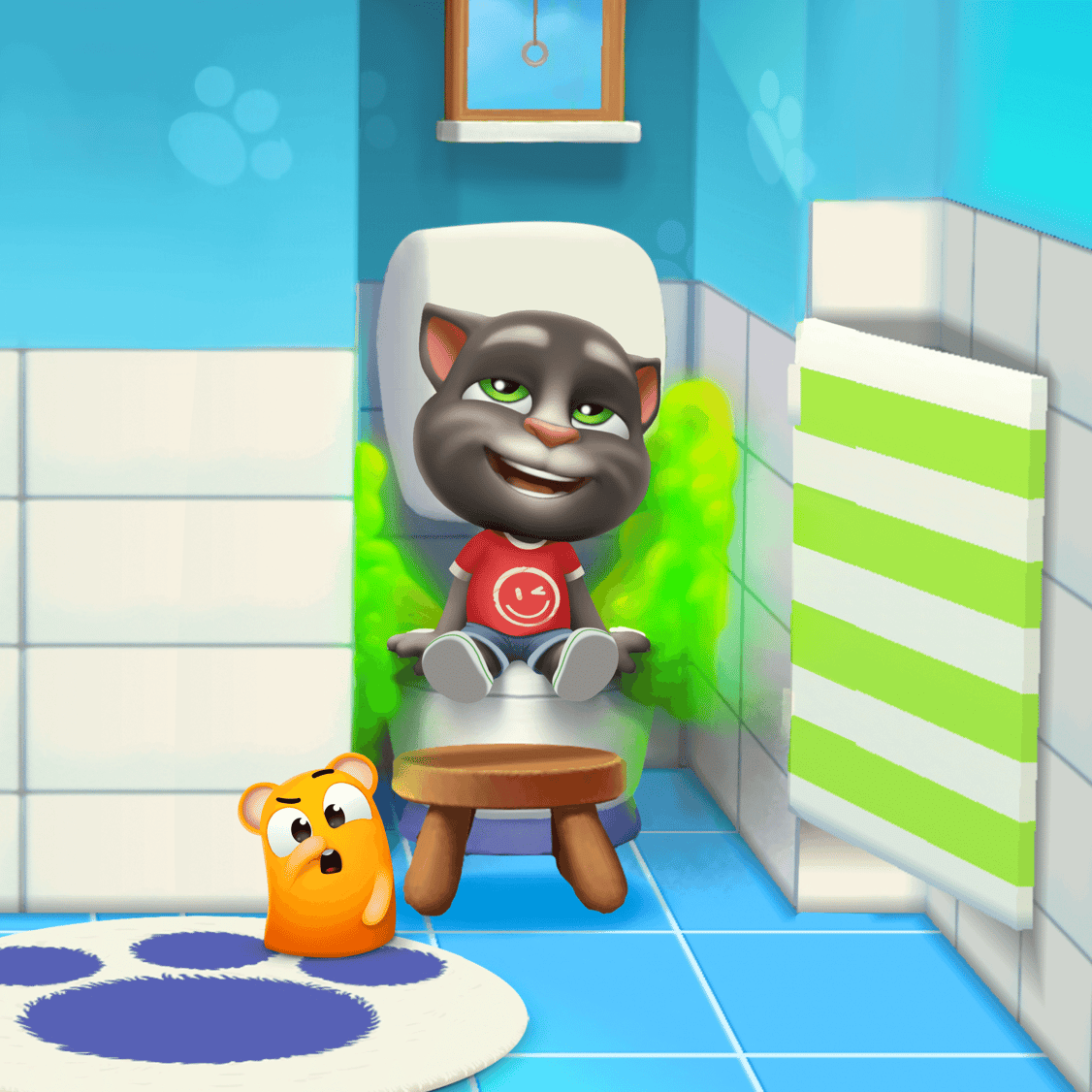 Talking Tom making the toilet smelly for his pet in My Talking Tom 2 game.
