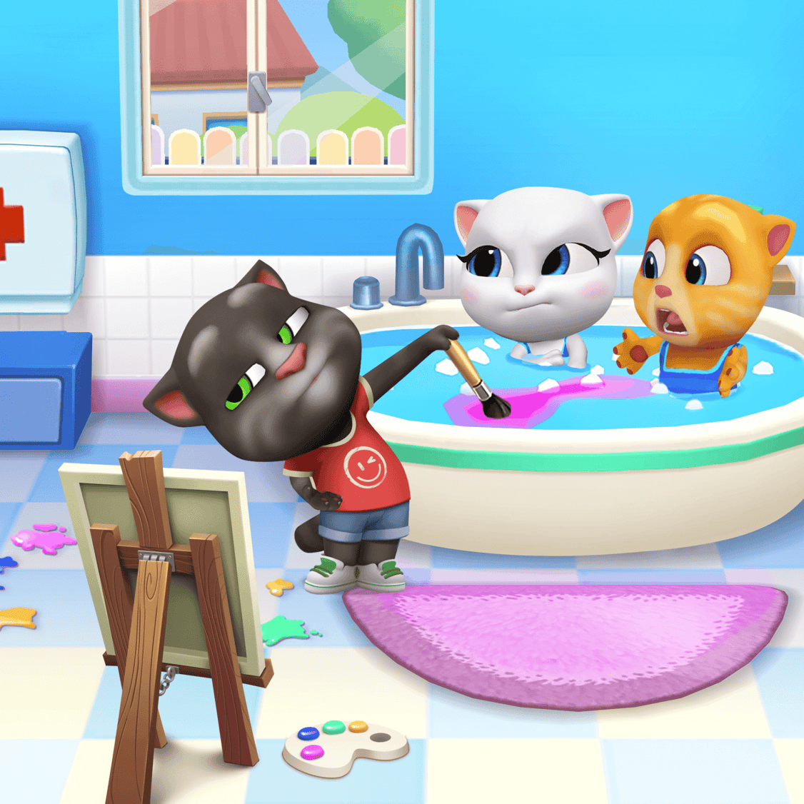 Talking Tom, Talking Angela, and Talking Ginger painting in the bathroom inside of My Talking Tom Friends 2 game.