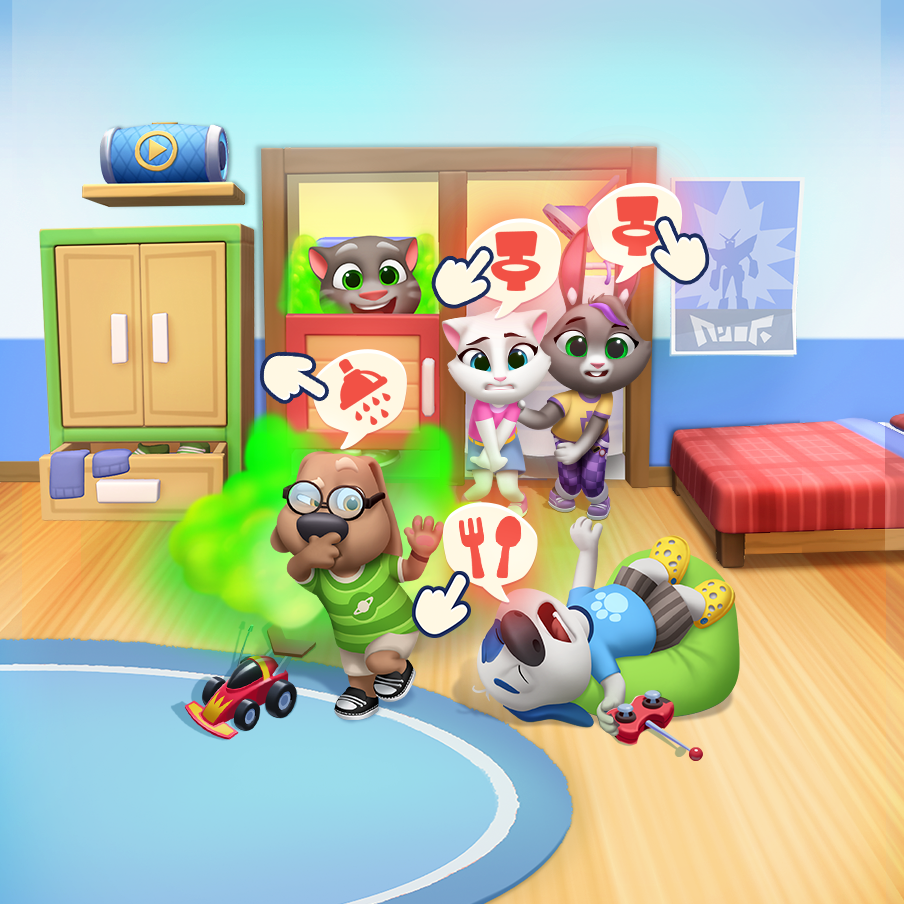 Talking Tom and friends shenanigans in a room inside of My Talking Tom Friends 2 game.