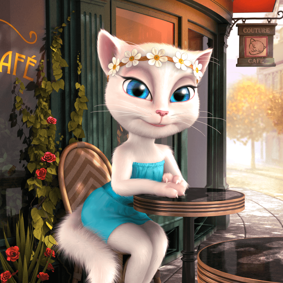 Talking Angela with a flower tiara sitting by the cafe table inside of Talking Angela game.