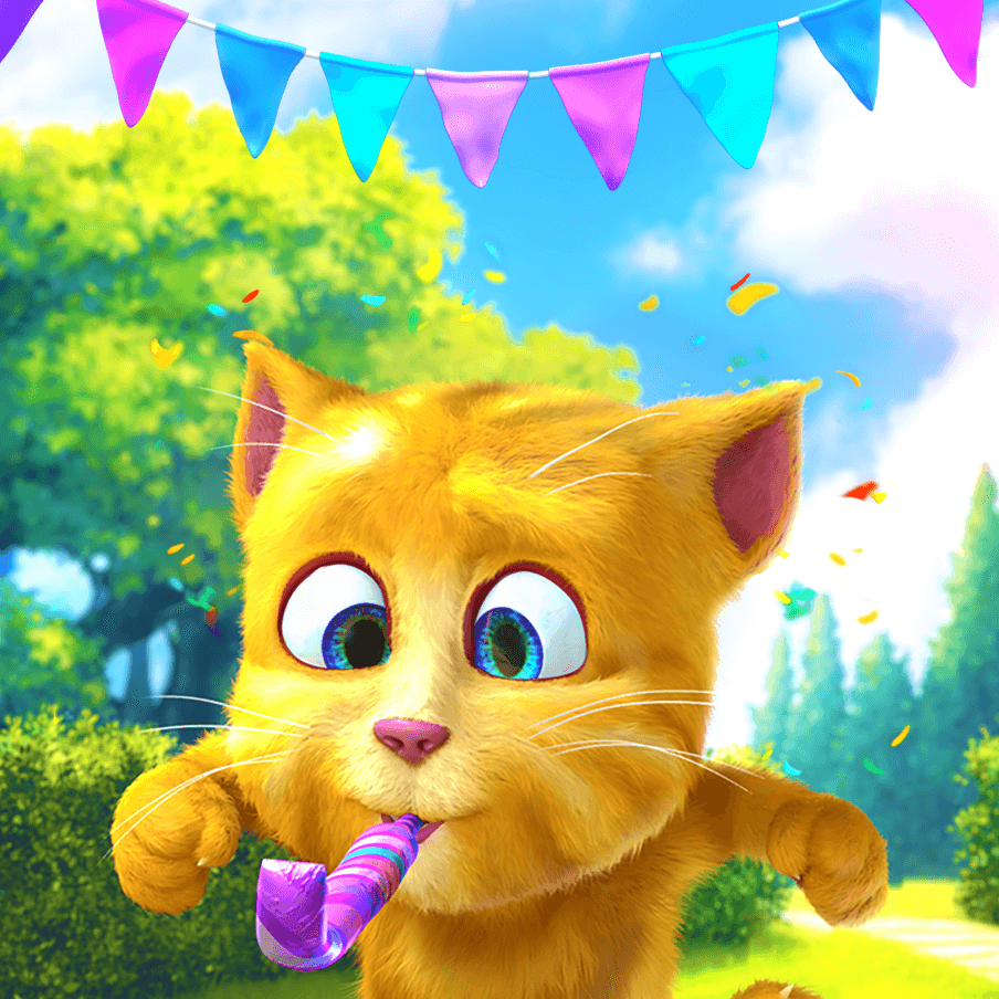 Talking Ginger blowing a party horn inside of Talking Ginger game.