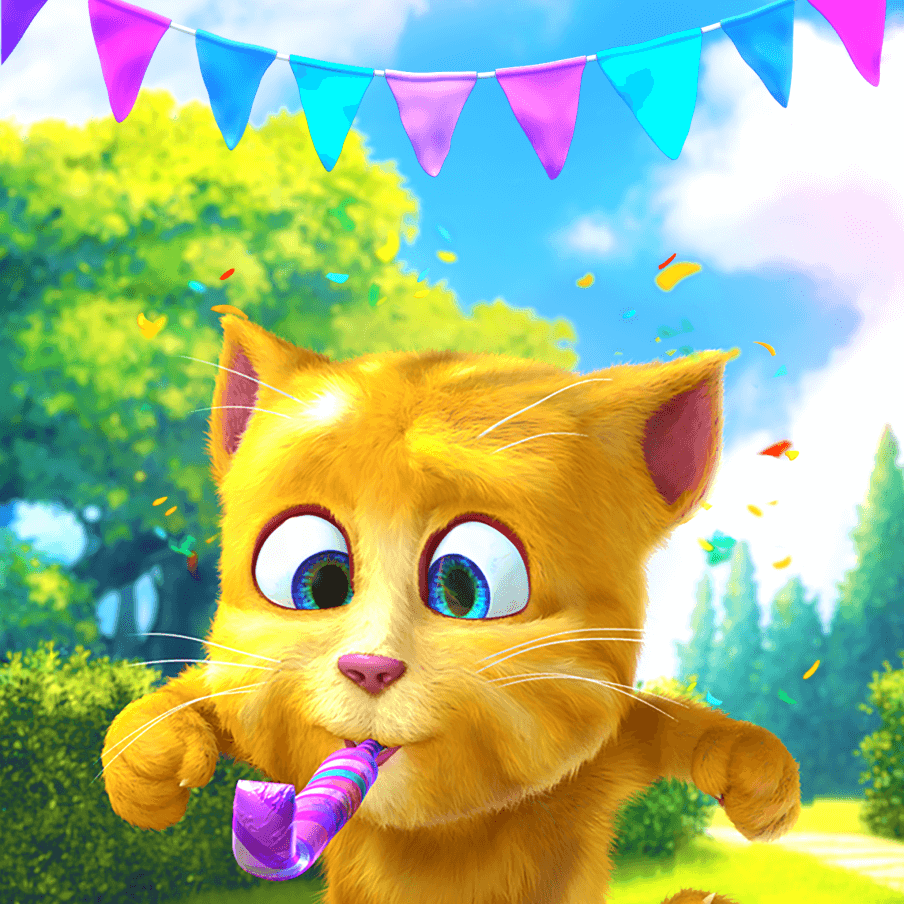 Talking Ginger blowing a party horn inside of Talking Ginger 2 game.