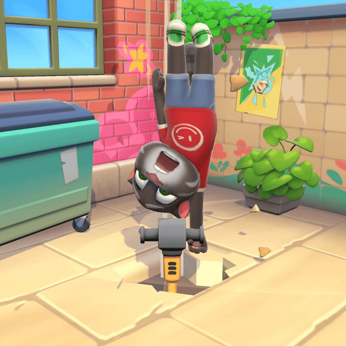 Talking Tom, upside down, drilling a hole through the ground with a jackhammer inside of Talking Tom Cat game.