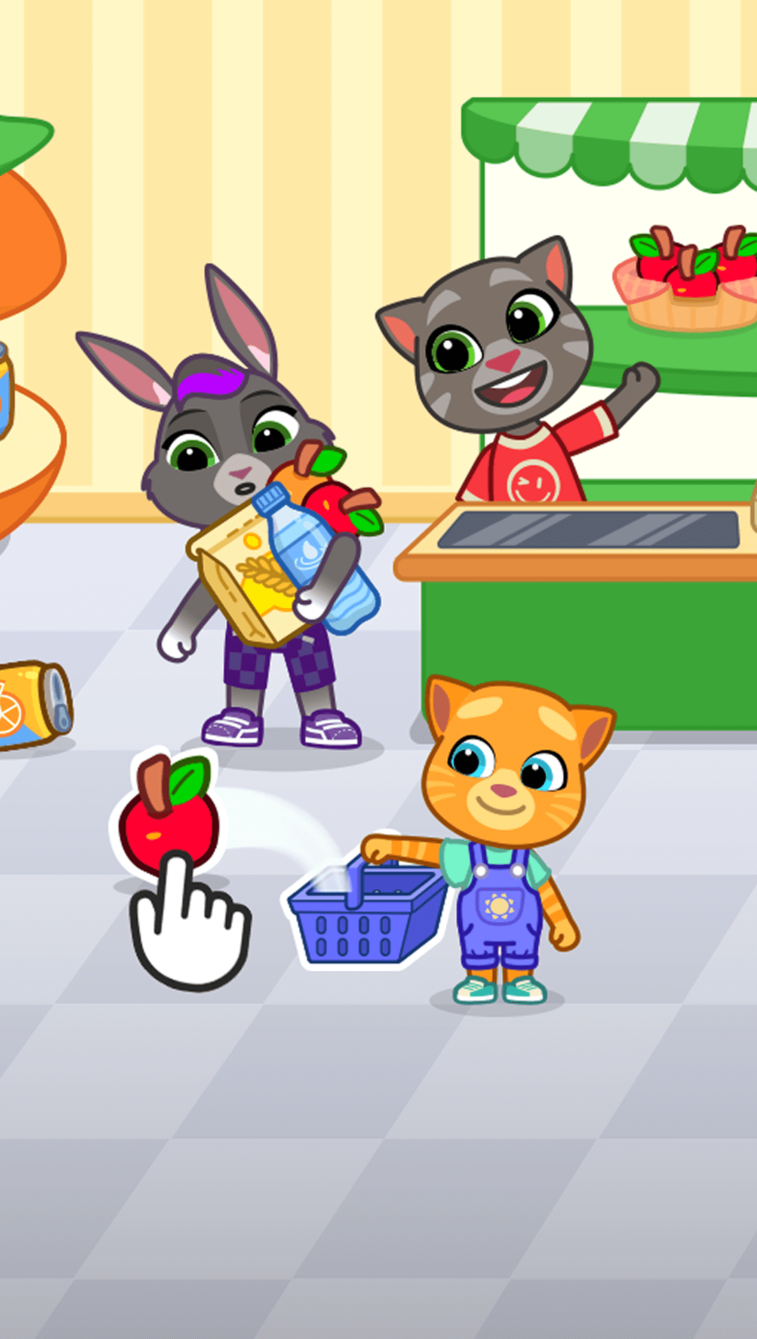 Talking Tom, Becca, and Ginger grocery shopping inside of Talking Tom & Friends: World game.