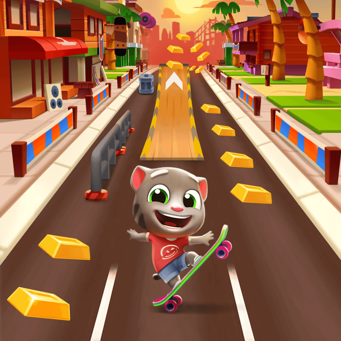 Talking Tom doing a wheelie on a skateboard inside of Talking Tom Gold Run game.