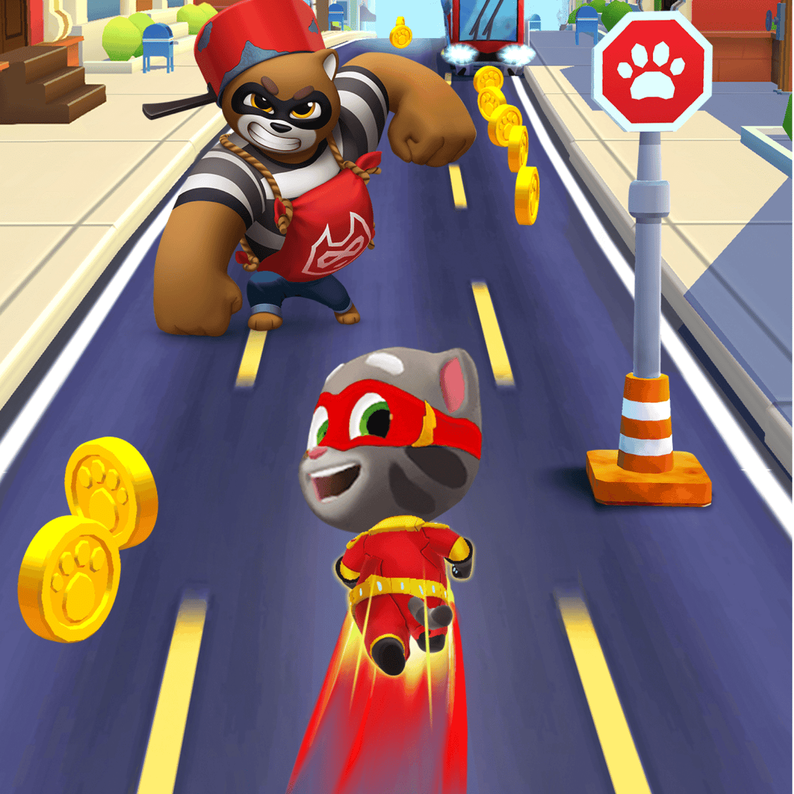 Talking Tom in a hero outfit running inside of Talking Tom Hero Dash game.