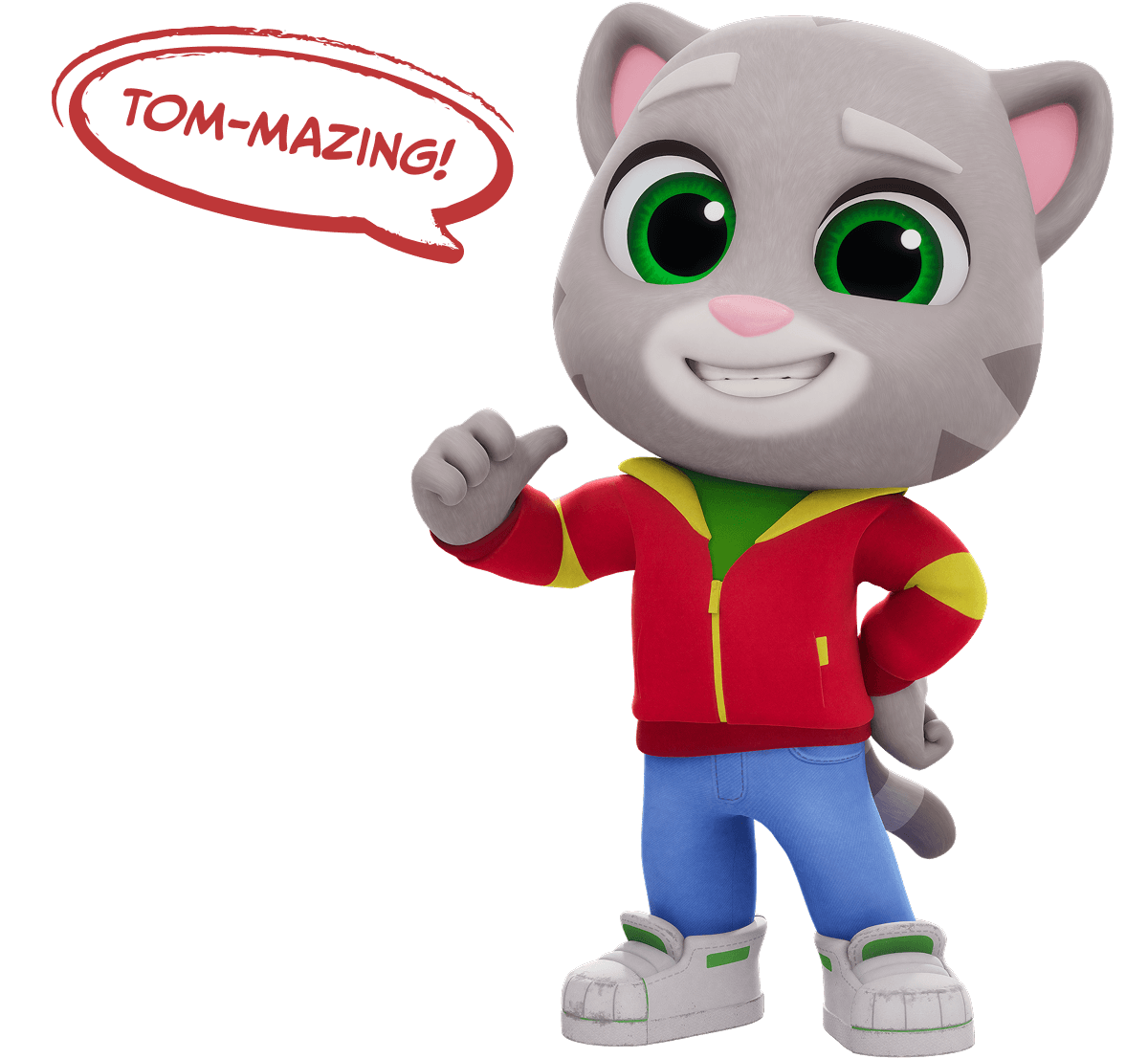 Talking Tom saying: 'TOM-MAZING!'