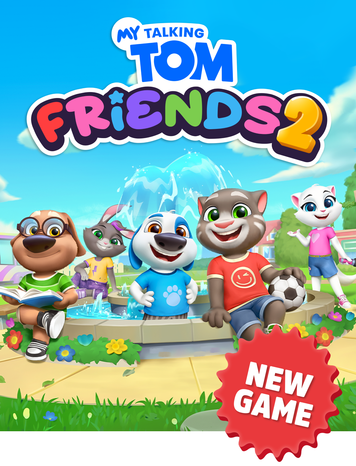 My Talking Tom Friends 2. Tom and friends hanging out around the water fountain in the park.
