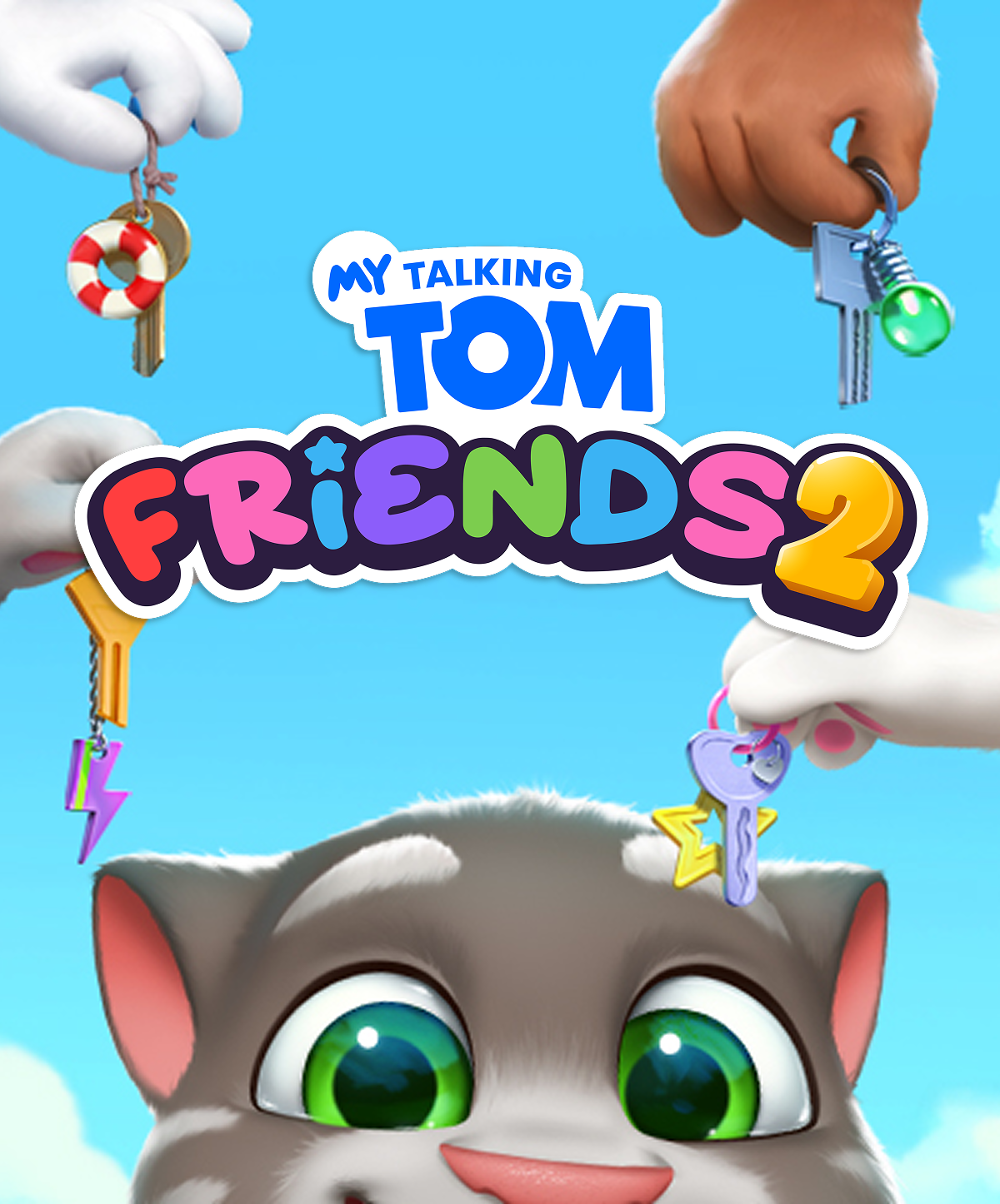 My Talking Tom Friends 2. Tom peeking over the bottom edge with the friends dangling cool keys above his head.