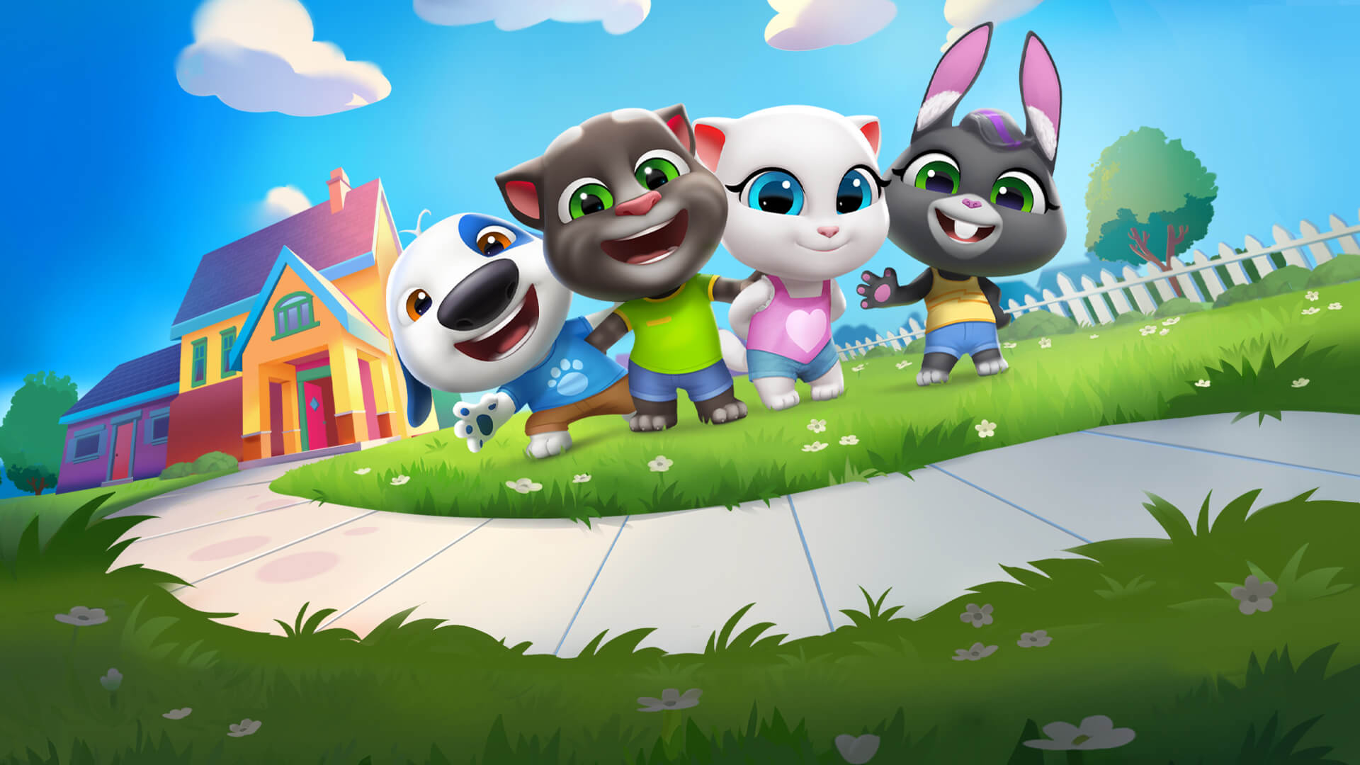 Fisheye photo of Talking Tom, Hank, Angela, and Becca in front of their house inside of My Talking Tom Friends game.