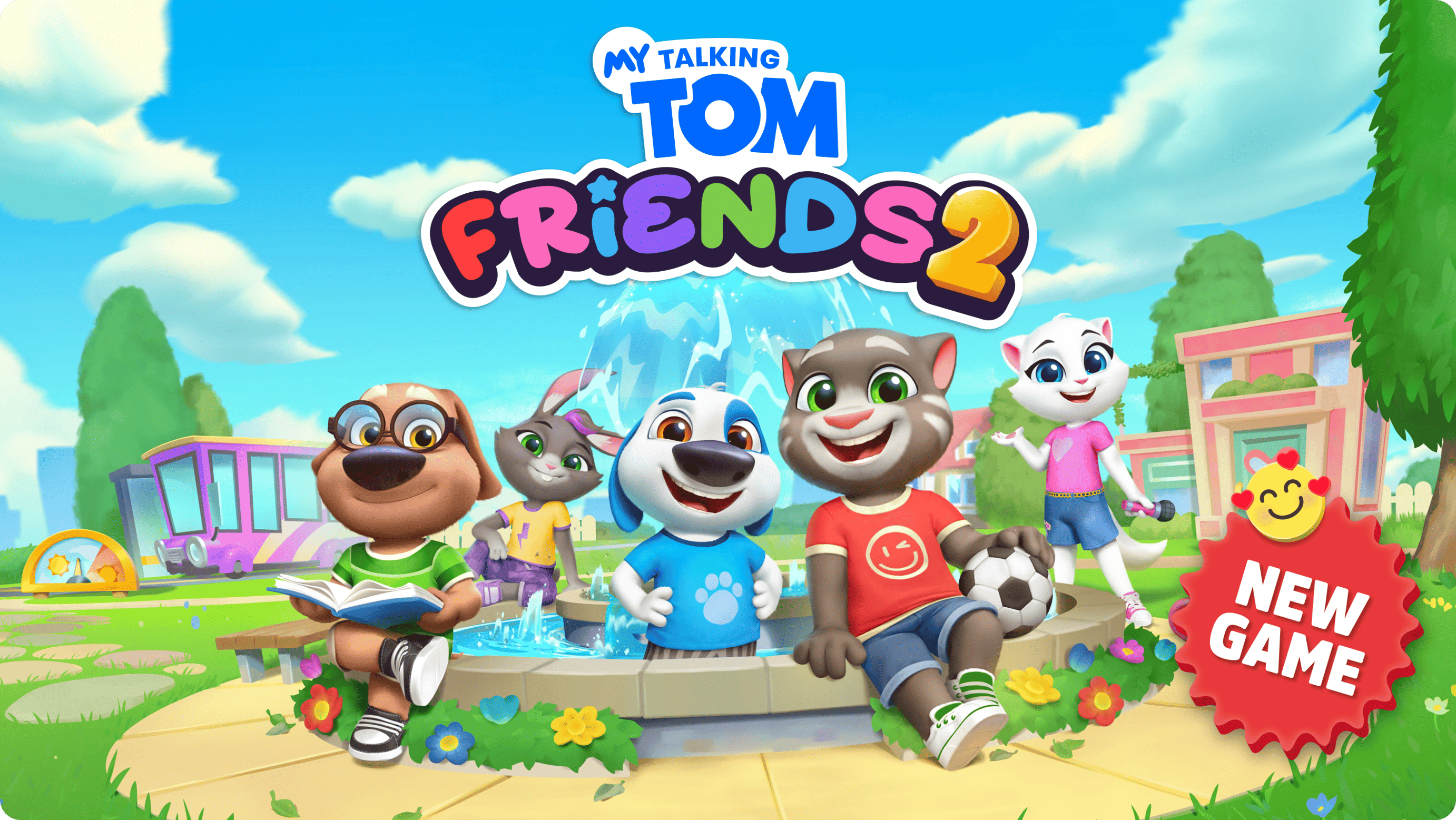 My Talking Tom Friends 2. Tom and friends hanging out around the water fountain in the park.