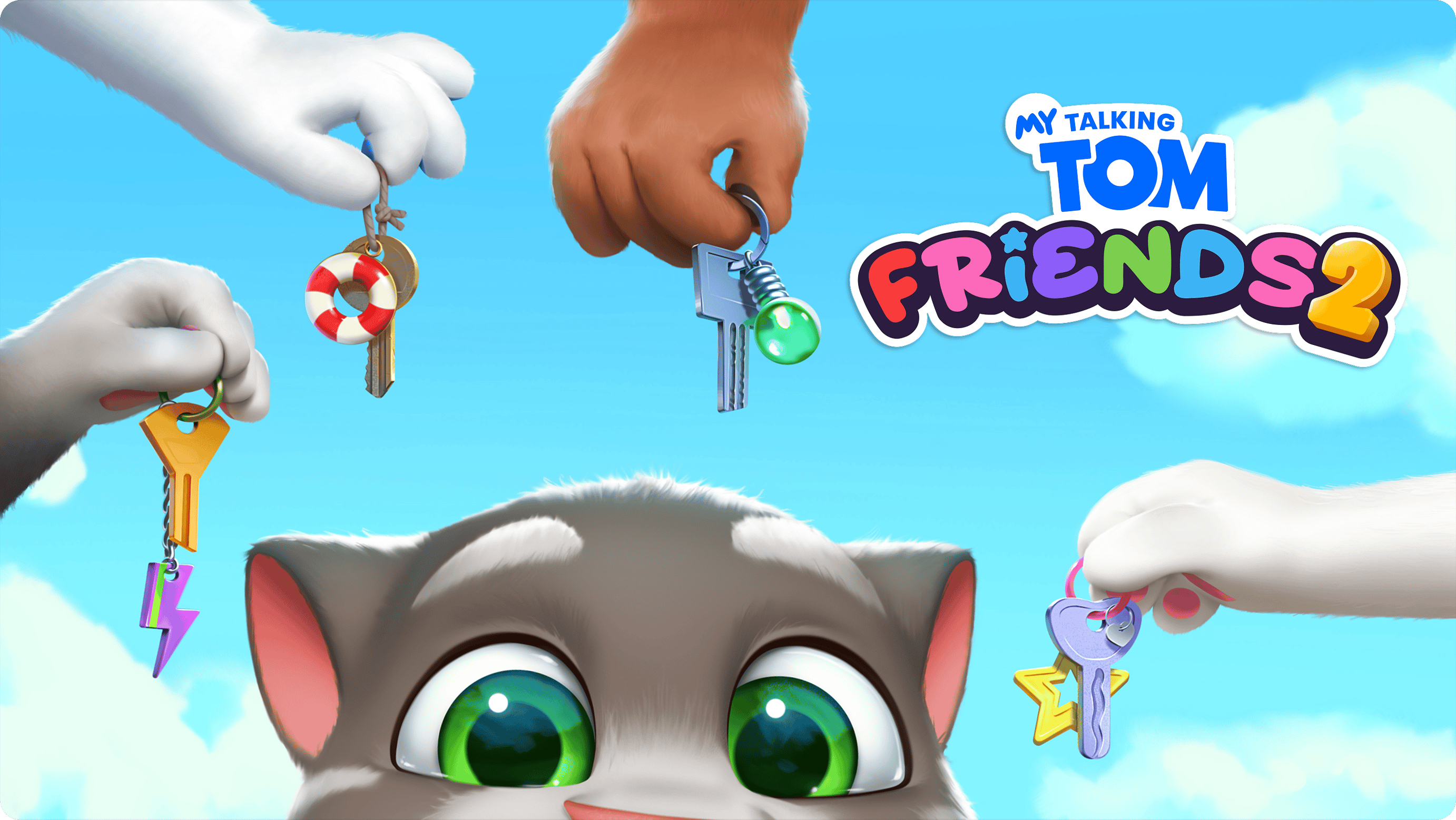 My Talking Tom Friends 2. Tom peeking over the bottom edge with the friends dangling cool keys above his head.