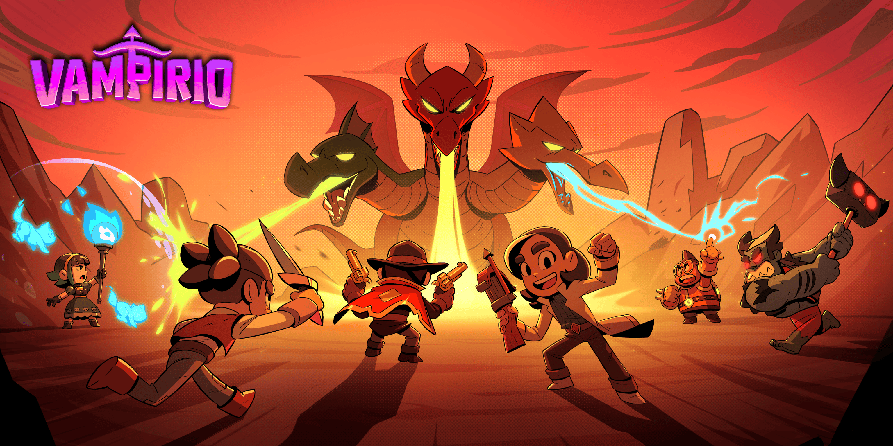 Vampirio characters fighting a three-headed dragon