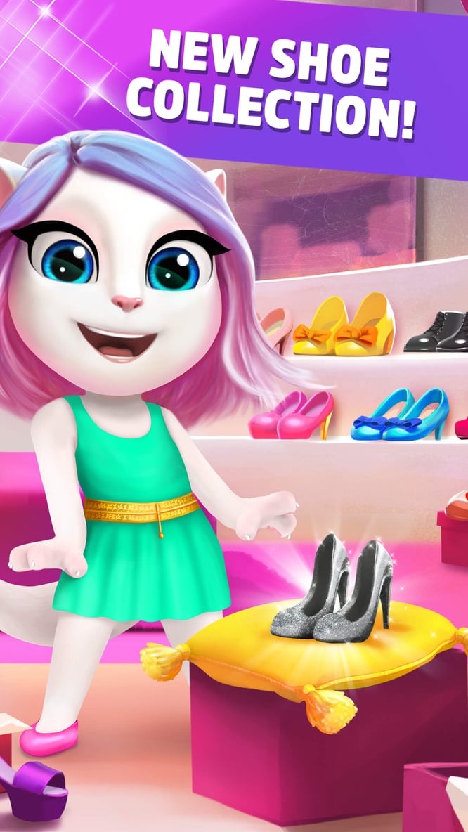 Talking Angela enjoying new shoe collection in My Talking Angela game.