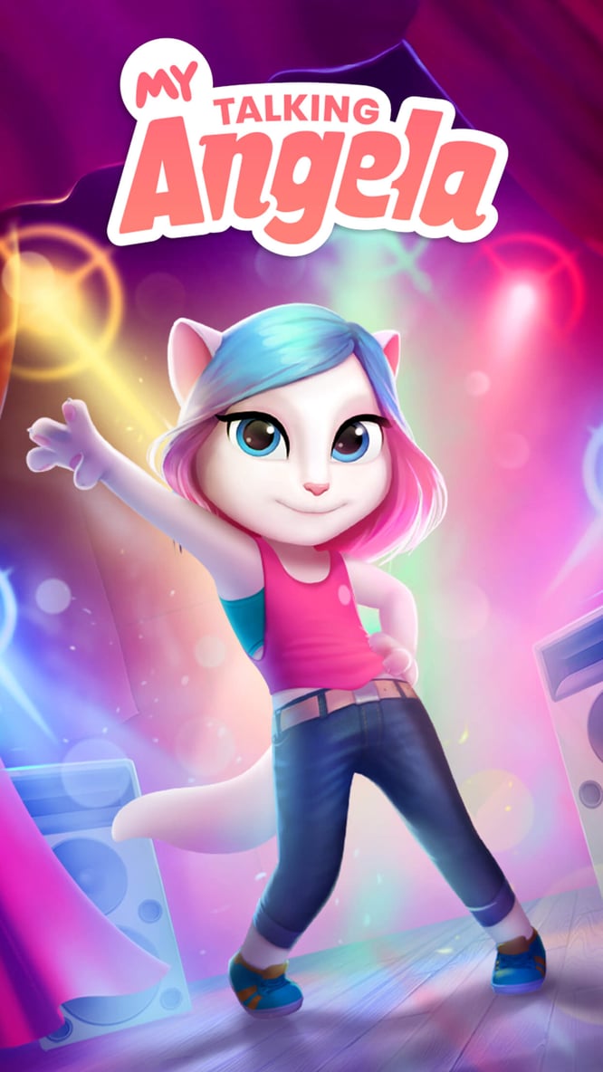 Talking Angela performing under colorful lights in My Talking Angela game.
