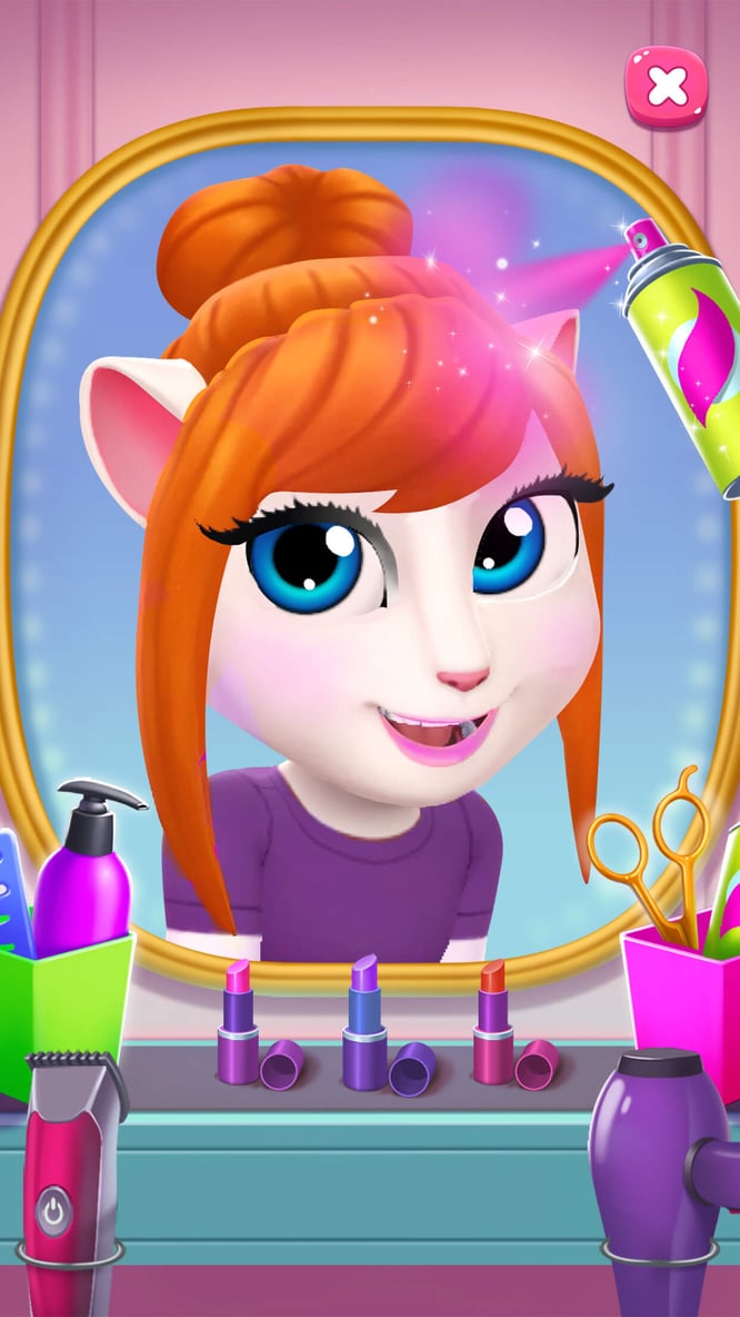 Talking Angela using hairspray inside of My Talking Angela 2 game.