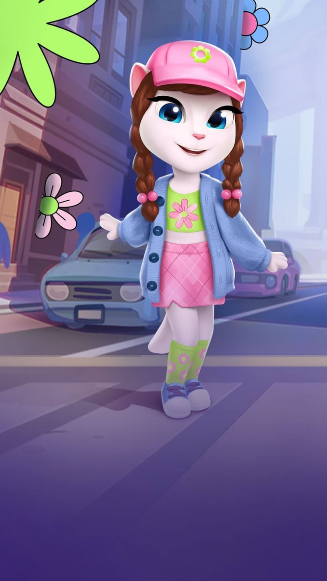 Talking Angela dressed in a fashion contest-winning outfit inside of My Talking Angela 2 game.