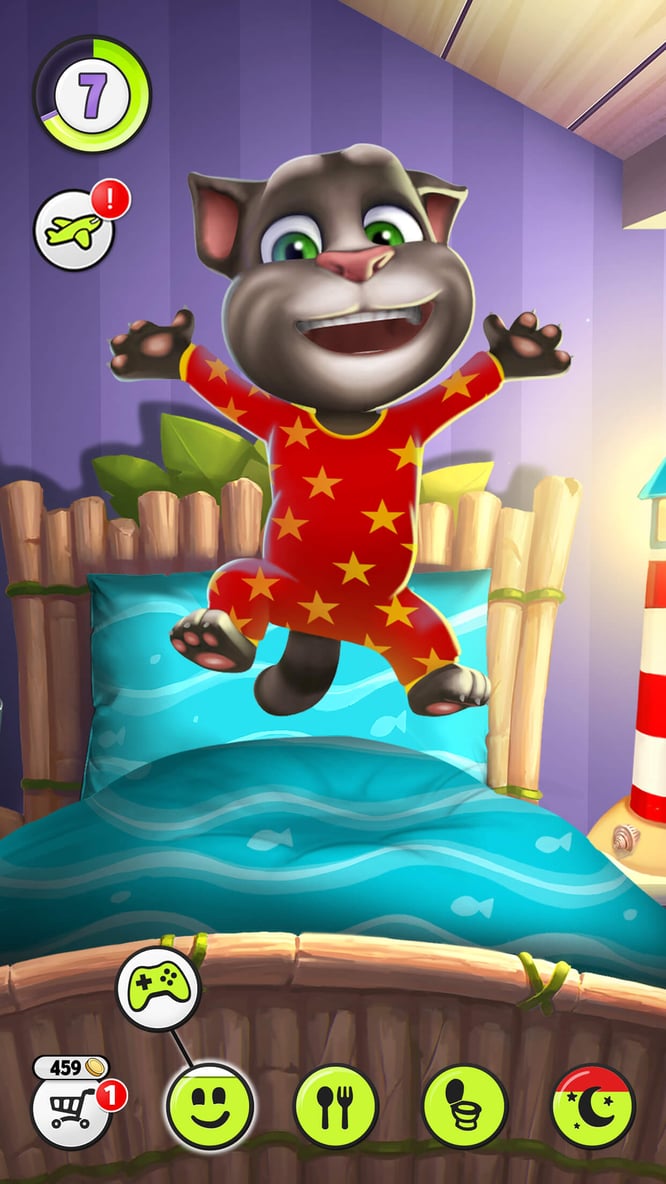 Talking Tom jumping on bed inside of My Talking Tom game.