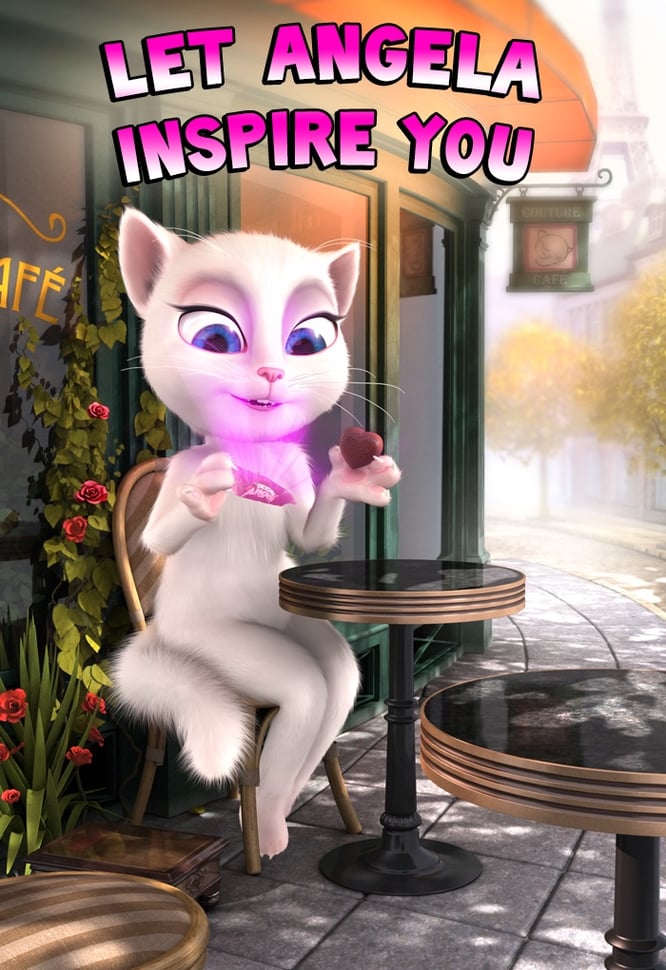 Talking Angela unwrapping chocolate inside of Talking Angela game.