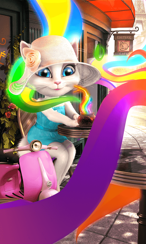 Talking Angela with colorful paint inside of Talking Angela game.
