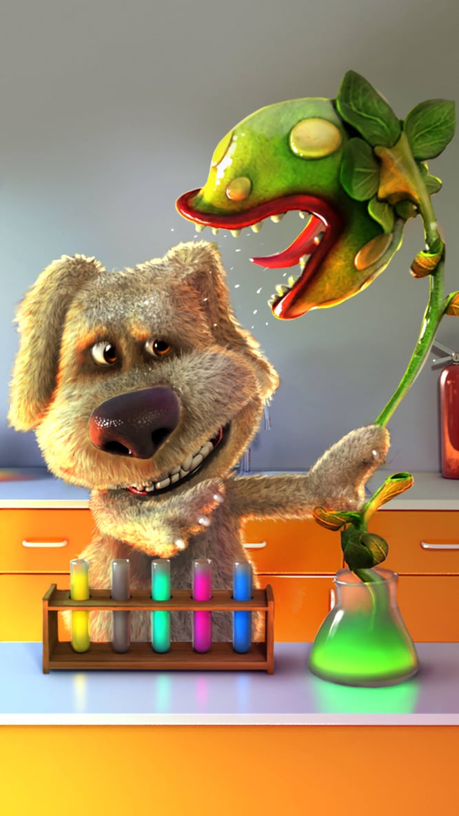 Talking Ben fighting off a carnivorous plant he created with a chemical experiment inside of Talking Ben the Dog game.