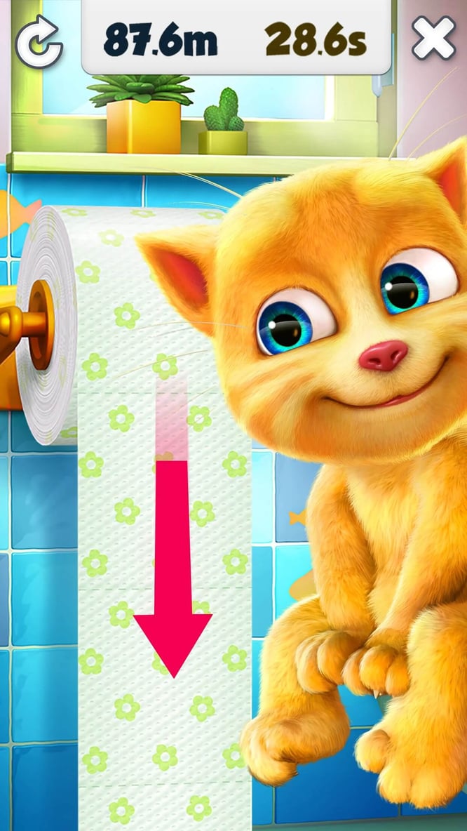 Talking Ginger pulling on the toilet paper inside of Talking Ginger game.