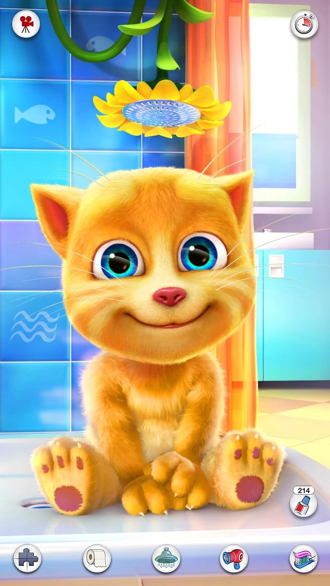 Talking Ginger smiling under the shower inside of Talking Ginger game.
