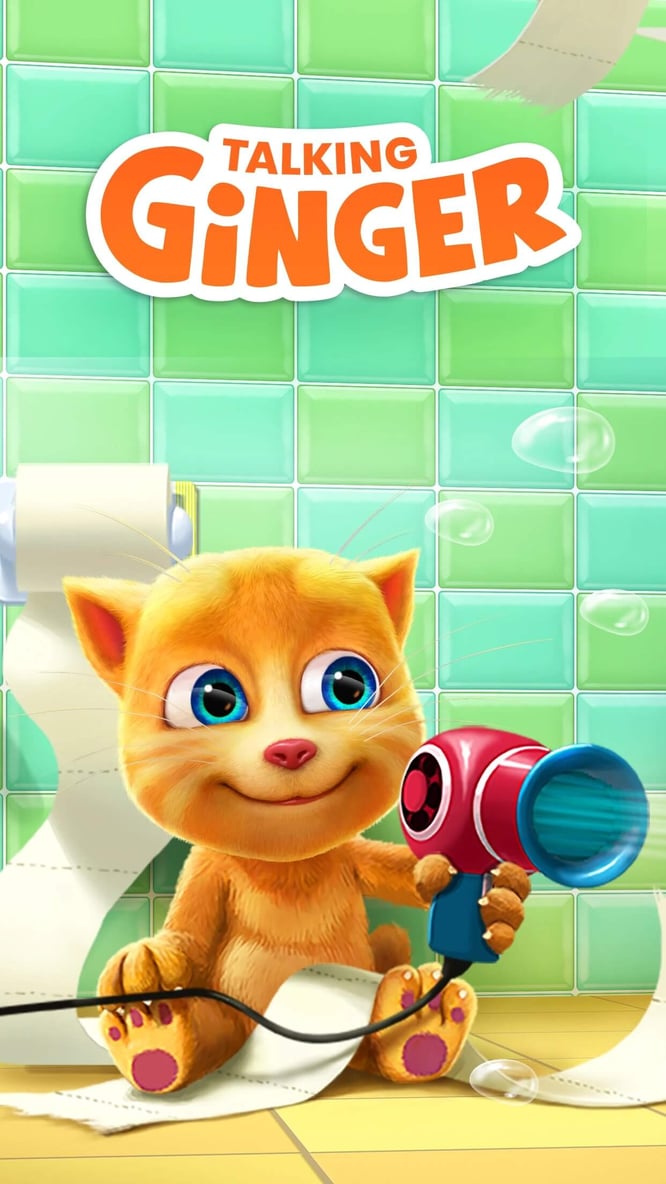 Talking Ginger playing with toilet paper and hair dryer inside of Talking Ginger game.