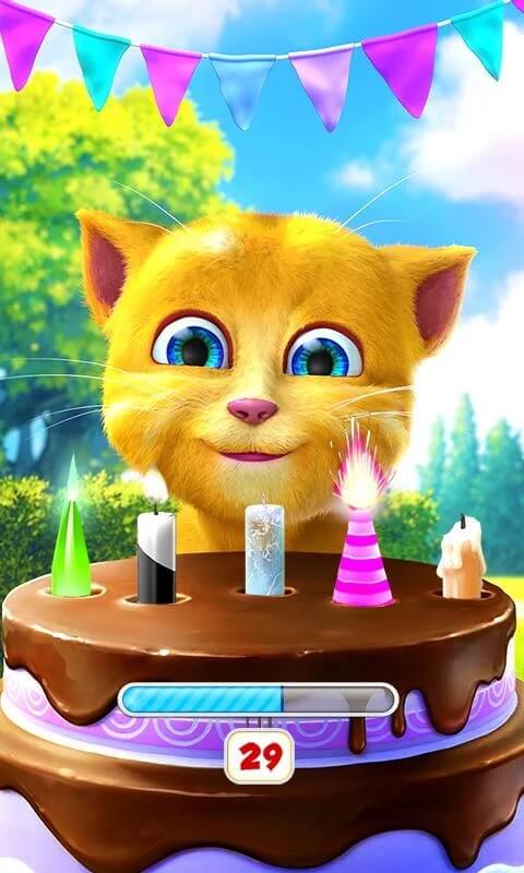 Talking Ginger sitting behind his birthday cake inside of Talking Ginger 2 game.
