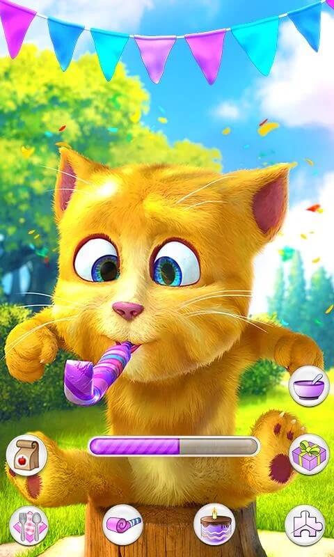 Talking Ginger blowing a party horn inside of Talking Ginger 2 game.