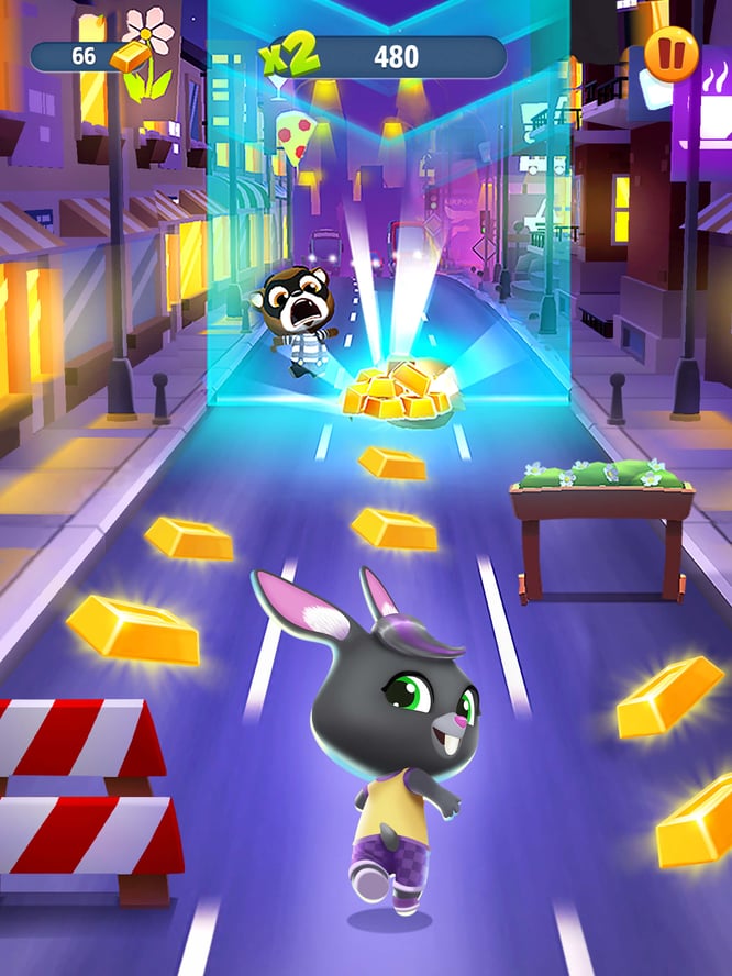 Talking Becca running at night inside of Talking Tom Gold Run game.