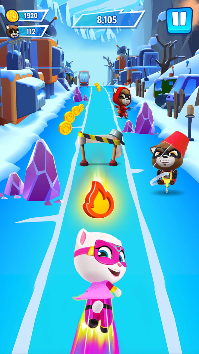 Talking Angela in a hero outfit running inside of Talking Tom Hero Dash game.