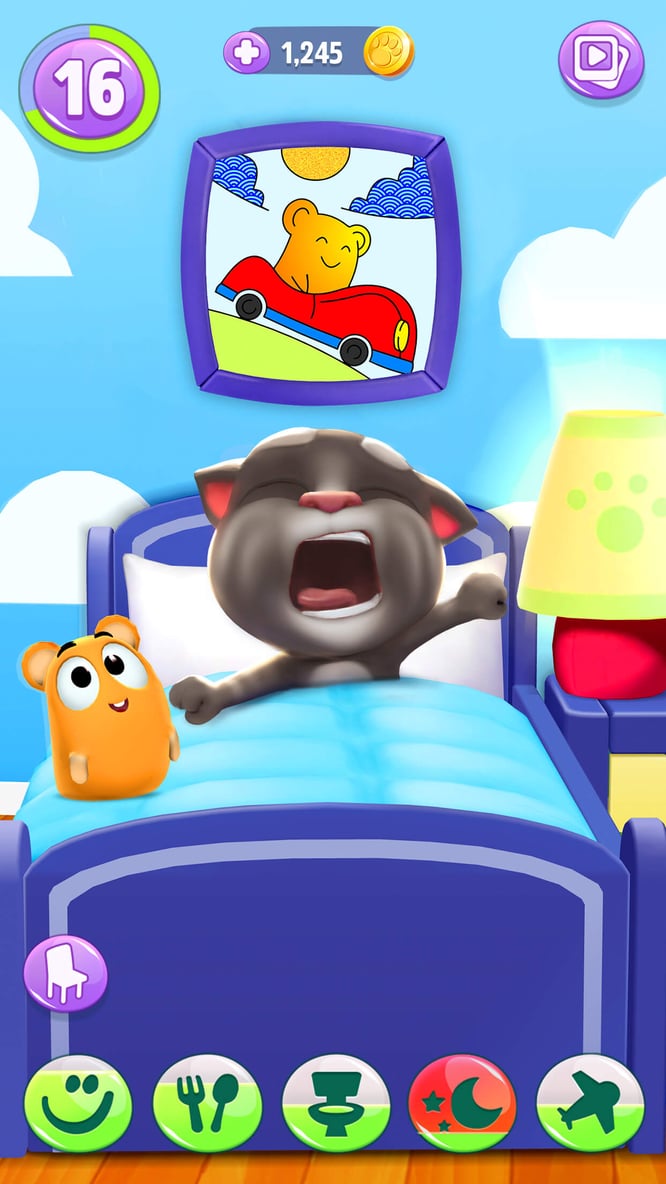 Talking Tom waking up with a pet inside of My Talking Tom 2 game.