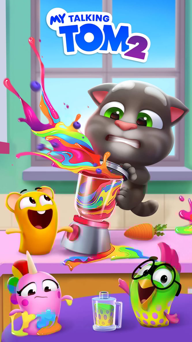Talking Tom and pets making a colorful mess with a blender inside of My Talking Tom 2 game.