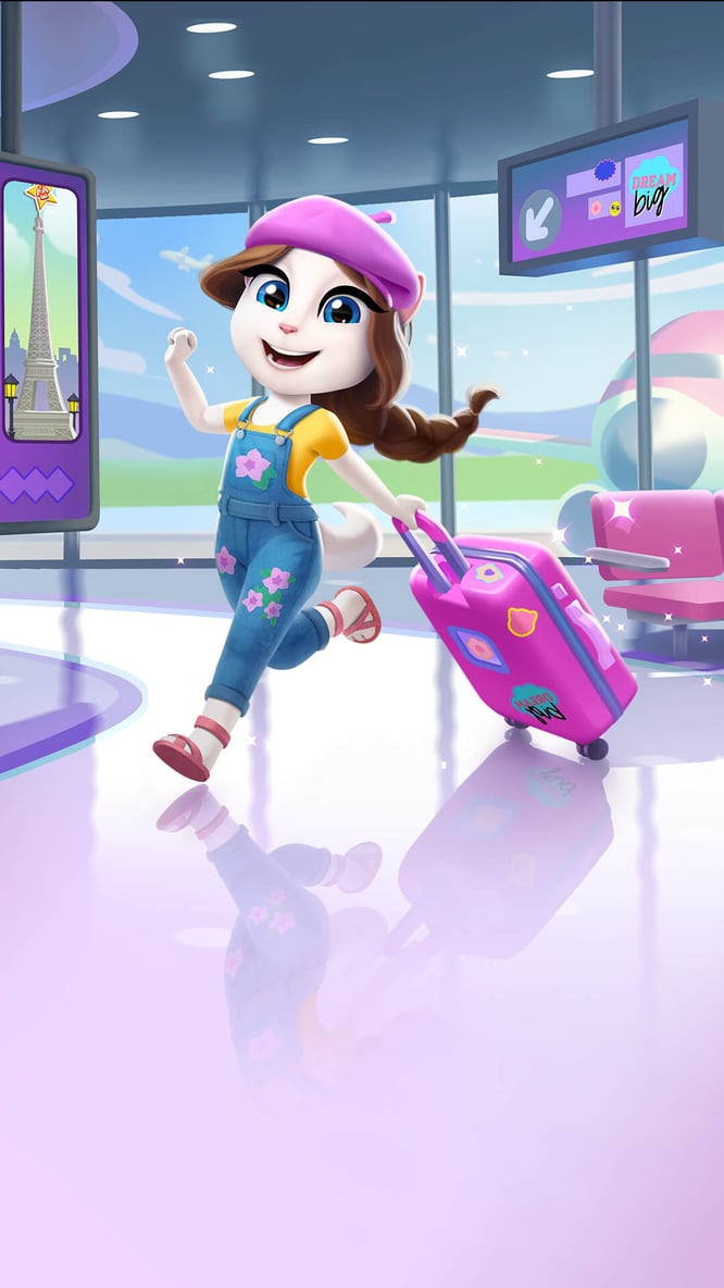 Talking Angela traveling with a suitcase inside of My Talking Angela 2 game.