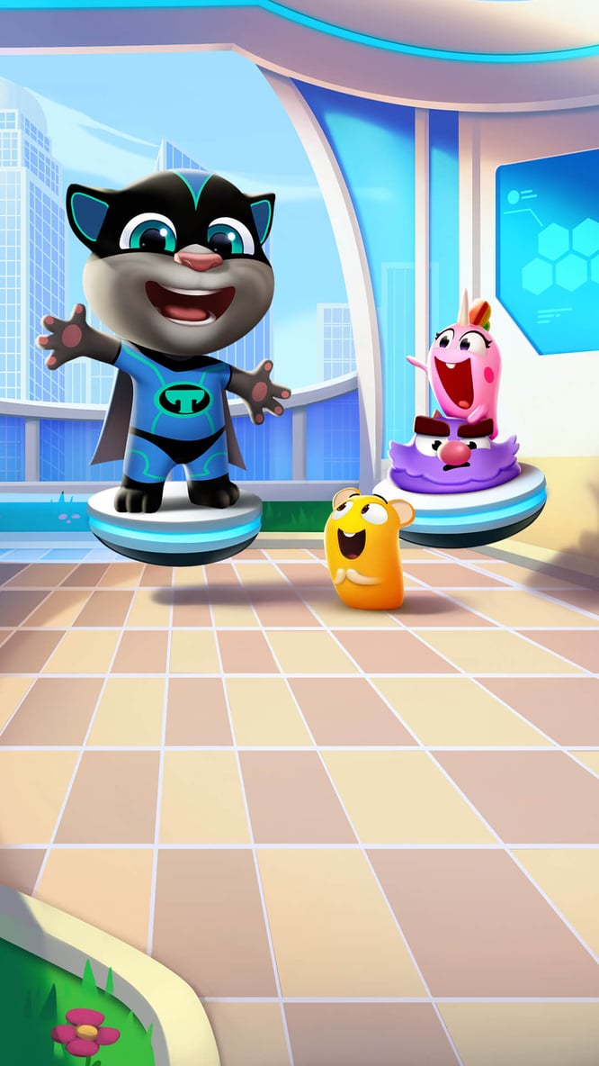 Talking Tom in hero costume with excited pets beside him inside of My Talking Tom 2 game.