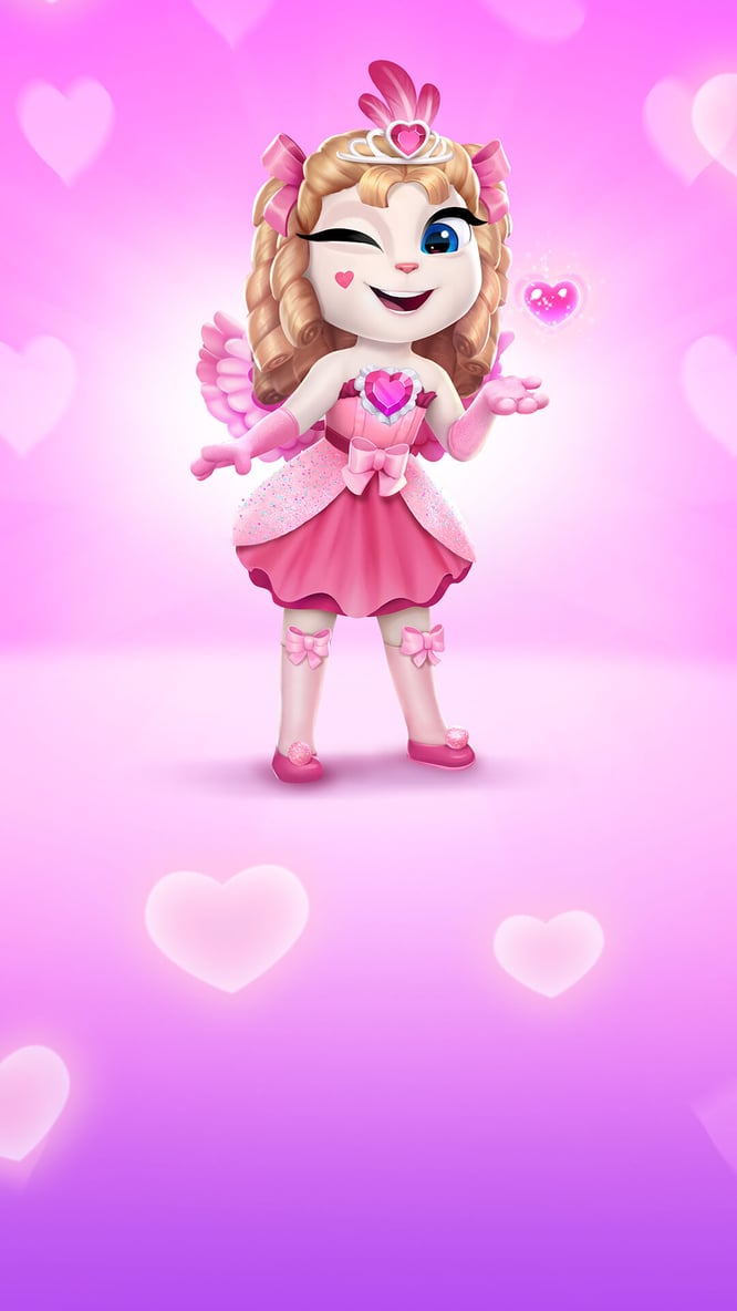 Talking Angela in a cute Valentine's day outfit inside of My Talking Angela 2 game.