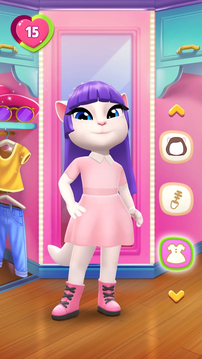 Talking Angela in the My Talking Angela 2 wardrobe menu wearing a pink dress and purple hair.