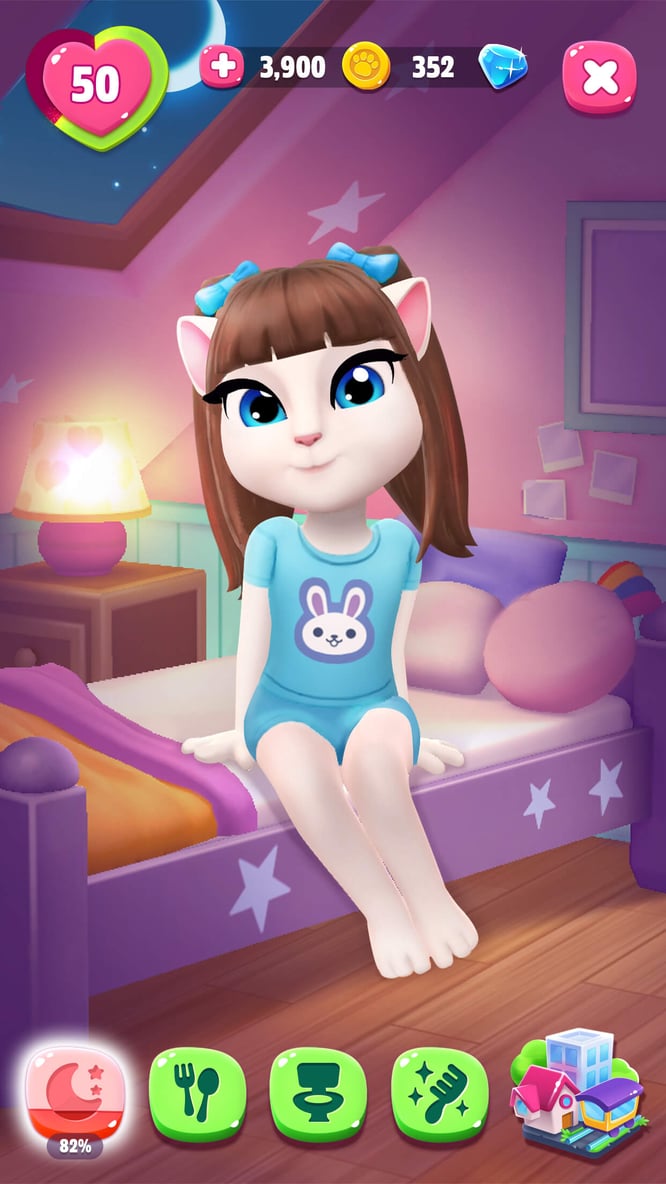 Talking Angela ready for sleep in her bedroom inside of My Talking Angela 2 game.