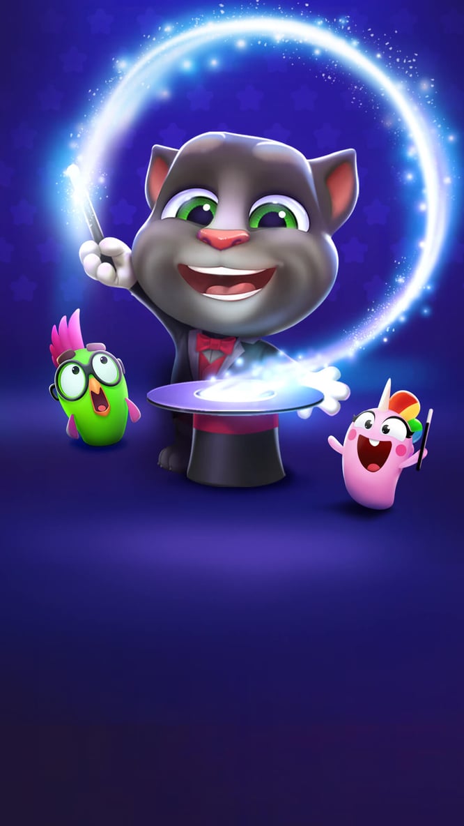 Talking Tom doing magic with pets inside of My Talking Tom 2 game.