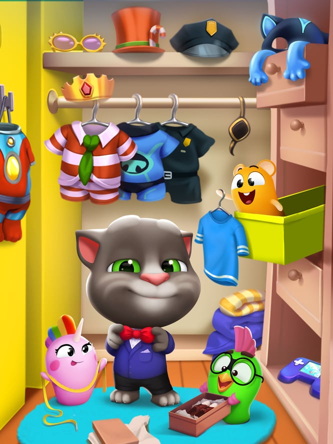 Talking Tom and pets inside a closet full of costumes inside of My Talking Tom 2 game.