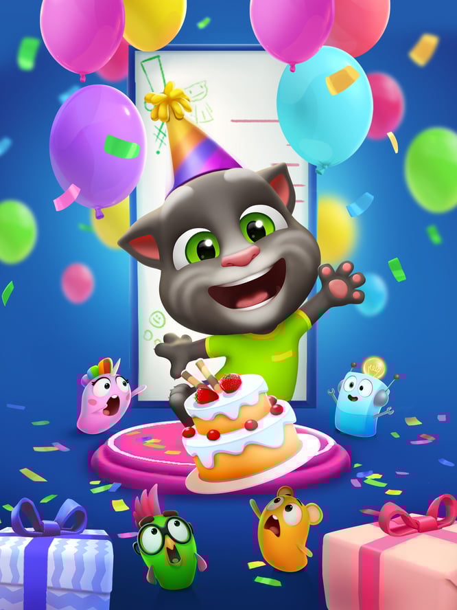 Talking Tom celebrating a birthday level-up party with pets inside of My Talking Tom 2 game.