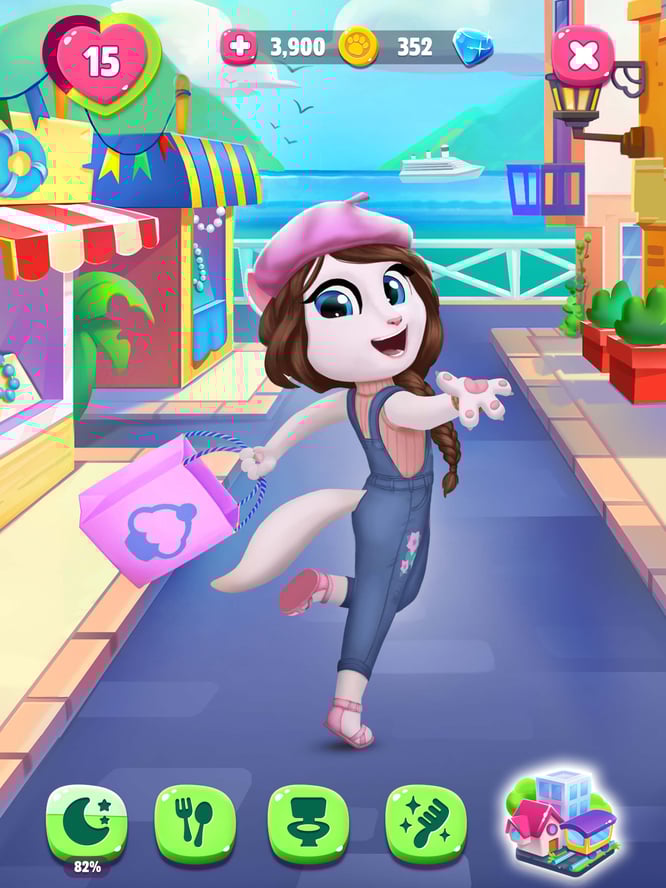 Talking Angela extending an inviting paw to go shopping inside of My Talking Angela 2 game.