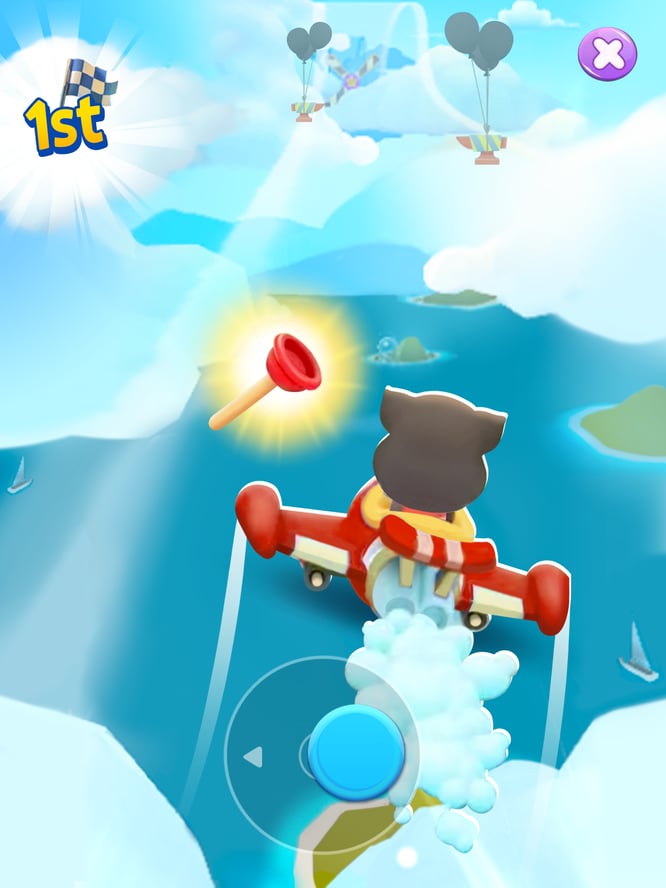 Talking Tom flying a plane in a mini-game inside of My Talking Tom 2 game.