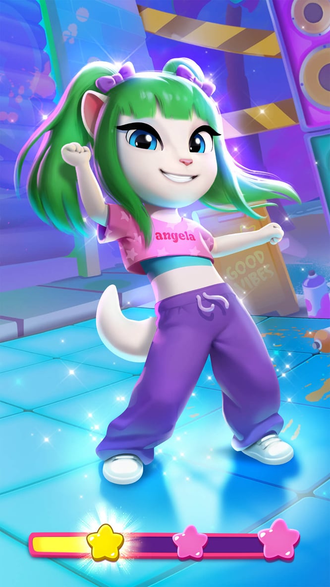 Talking Angela dressed stylishly while dancing inside of My Talking Angela 2 game.