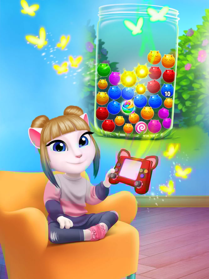 Talking Angela playing a mini-game on her handheld console inside of My Talking Angela 2 game.