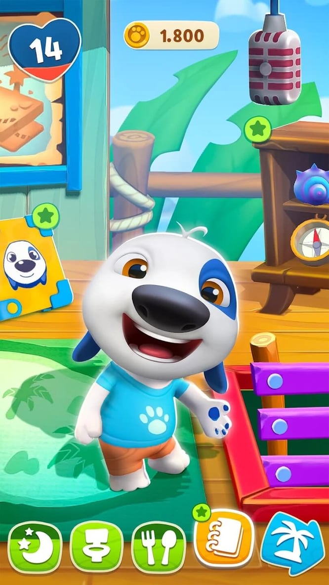 Talking Hank gesturing towards the ladder in his treehouse to go down in My Talking Hank: Islands game.